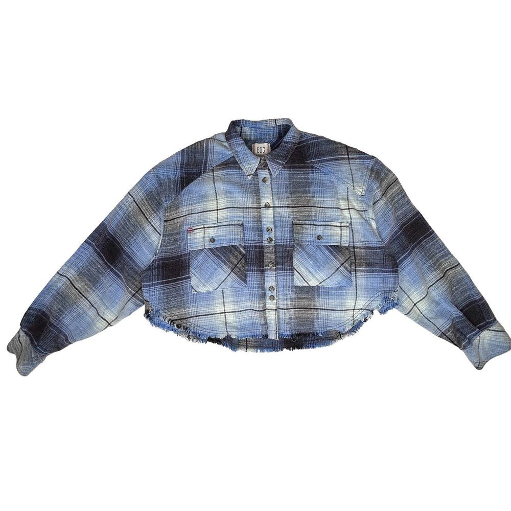 BDG Blue Plaid Flannel Cropped Button up Pockets Raw Hem Casual Women Shirt S-P